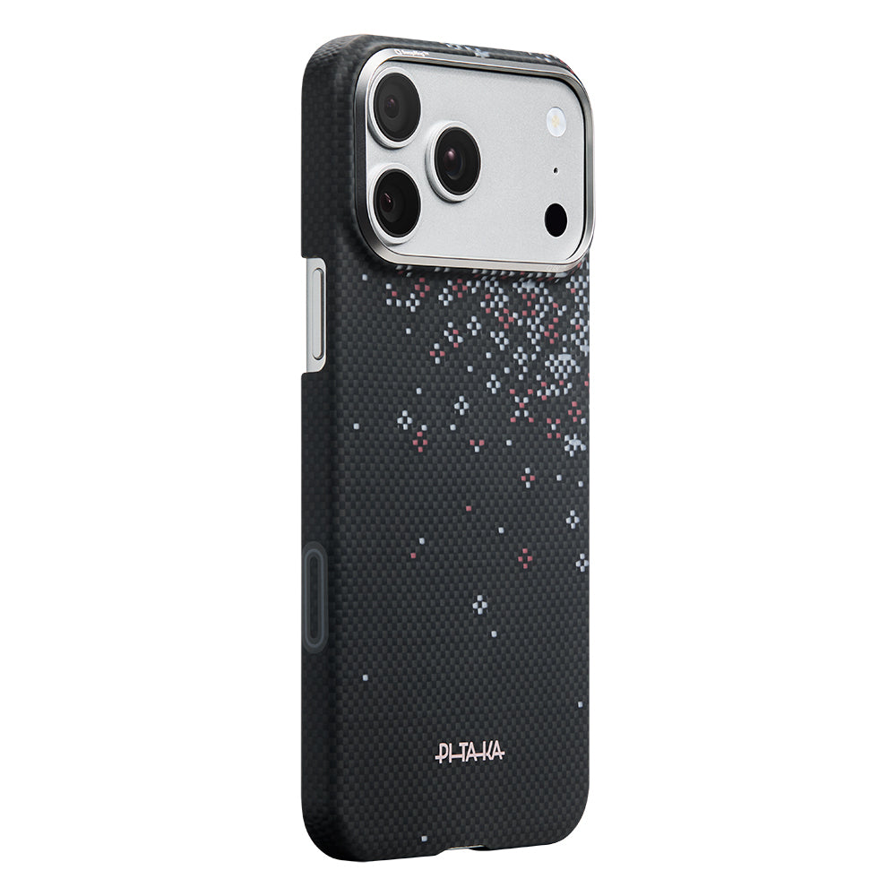 Apple iPhone 18 Pro Max Kılıf M-safe Şarj Özellikli Aramid Karbon Fiber Pitaka Sakura Hours Serisi Kapak Siyah
