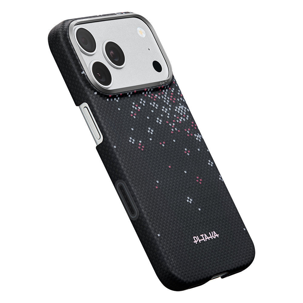 Apple iPhone 18 Pro Max Kılıf M-safe Şarj Özellikli Aramid Karbon Fiber Pitaka Sakura Hours Serisi Kapak Siyah