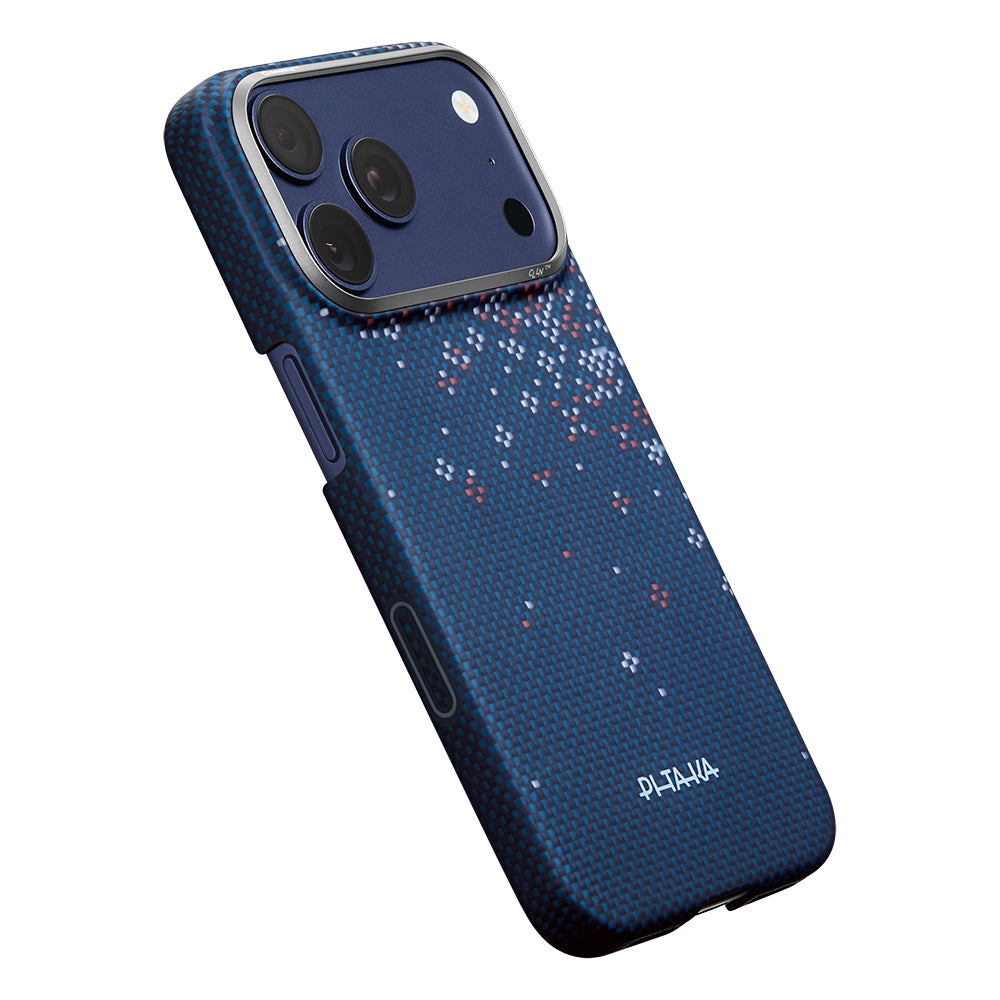 Apple iPhone 18 Pro Max Kılıf M-safe Şarj Özellikli Aramid Karbon Fiber Pitaka Sakura Hours Serisi Kapak Lacivert
