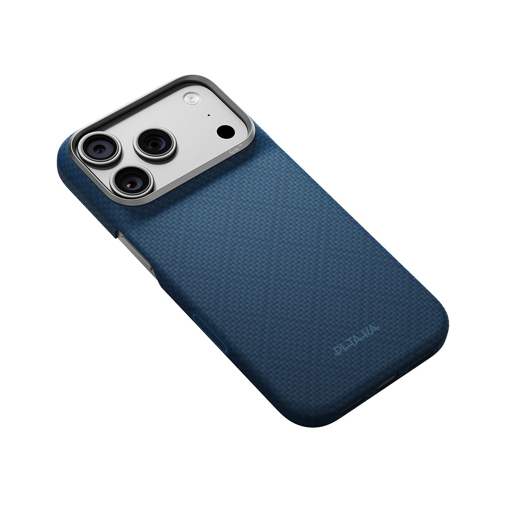 Apple iPhone 18 Pro Max Kılıf M-safe Şarj Özellikli Aramid Karbon Fiber Pitaka Argyle Serisi Kapak Lacivert