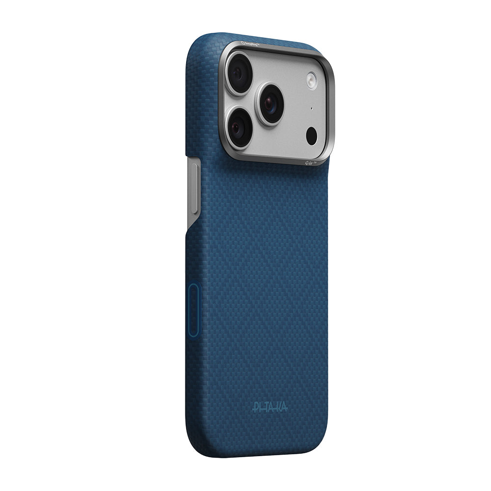 Apple iPhone 18 Pro Max Kılıf M-safe Şarj Özellikli Aramid Karbon Fiber Pitaka Argyle Serisi Kapak Lacivert