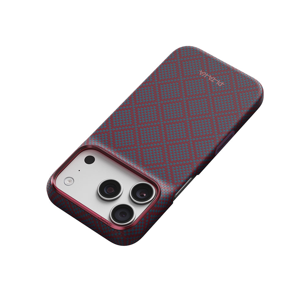 Apple iPhone 18 Pro Max Kılıf M-safe Şarj Özellikli Aramid Karbon Fiber Pitaka Argyle Serisi Kapak Mavi-Kırmızı