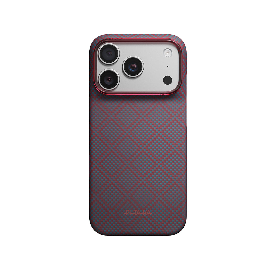 Apple iPhone 18 Pro Max Kılıf M-safe Şarj Özellikli Aramid Karbon Fiber Pitaka Argyle Serisi Kapak Mavi-Kırmızı
