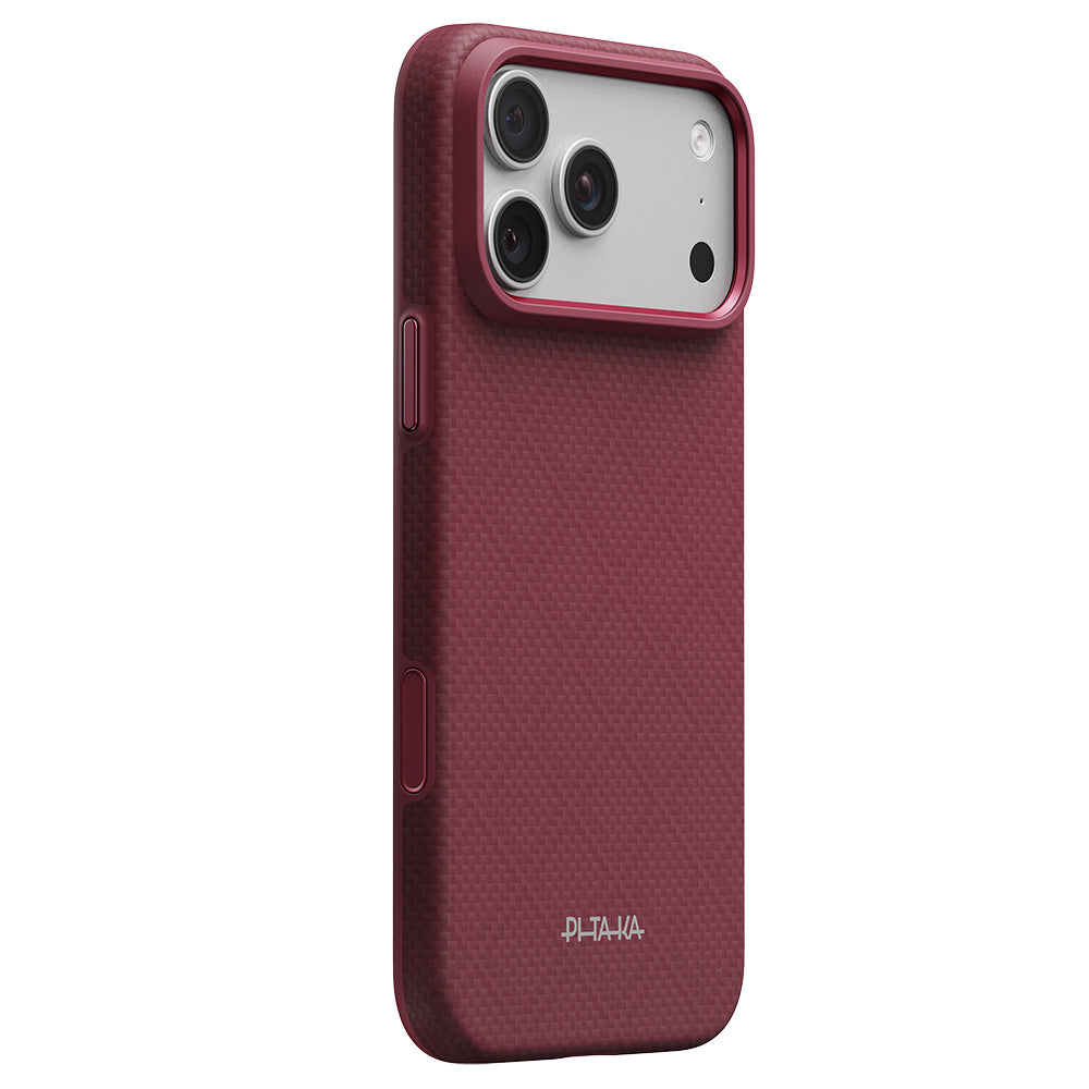 Apple iPhone 18 Pro Max Kılıf M-safe Şarj Özellikli Aramid Karbon Fiber Pitaka Argyle Serisi Summa Kapak Bordo
