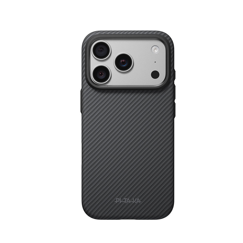 Apple iPhone 18 Pro Max Kılıf M-safe Şarj Özellikli Aramid Karbon Fiber Pitaka Military-Grade Classic Serisi New Logo Black-Grey Twill Kapak Siyah