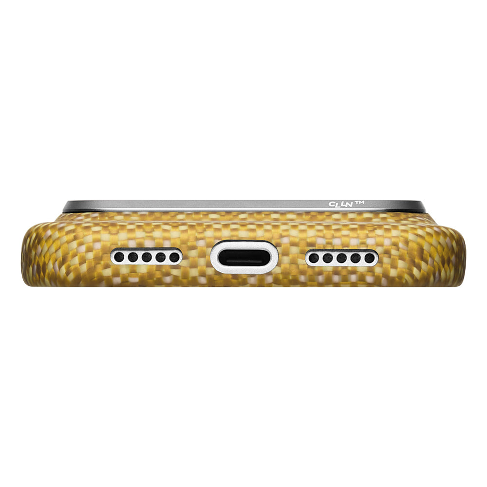 Apple iPhone 18 Pro Max Kılıf M-safe Şarj Özellikli Aramid Karbon Fiber Pitaka Wind Over Wheat Serisi Kapak Gold