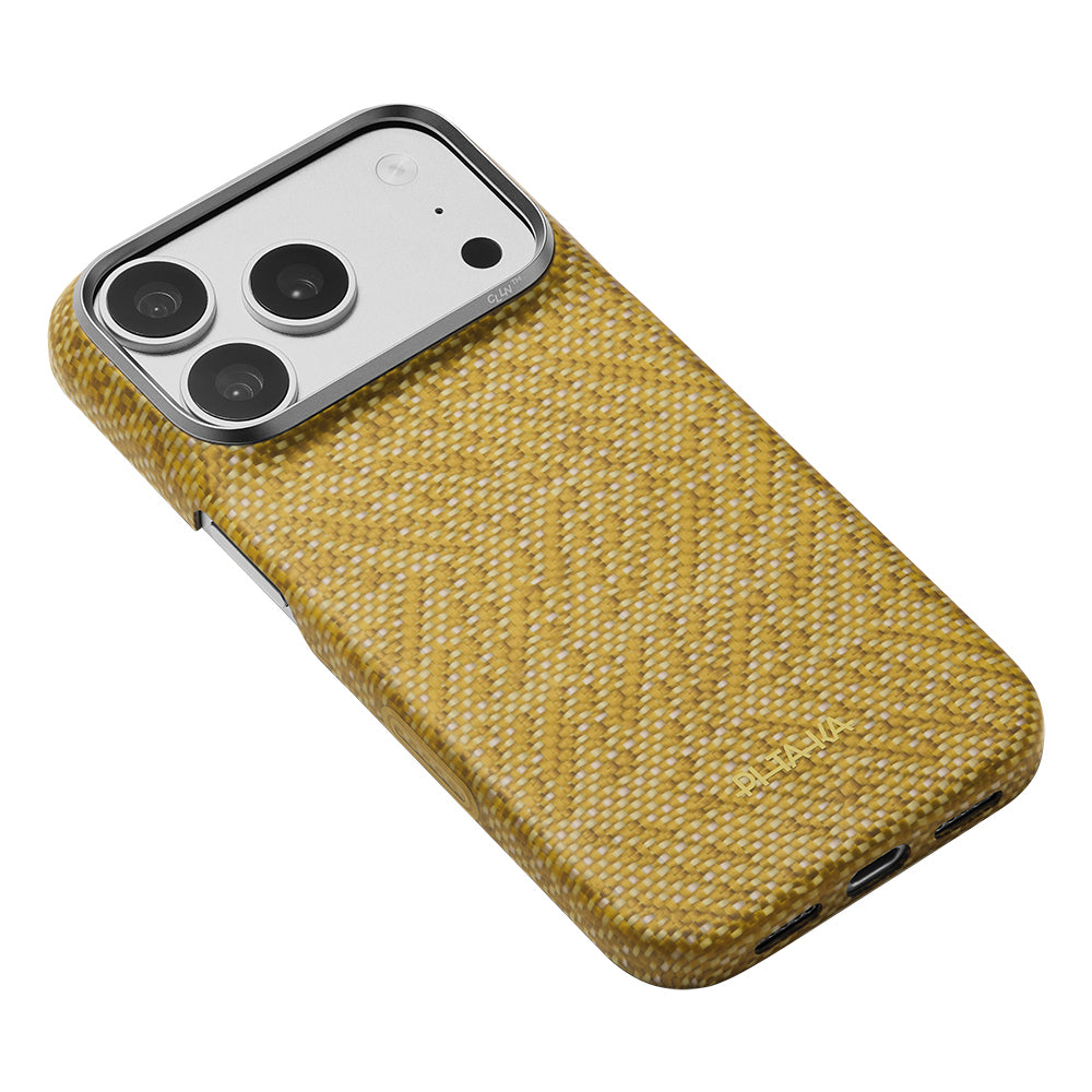 Apple iPhone 18 Pro Max Kılıf M-safe Şarj Özellikli Aramid Karbon Fiber Pitaka Wind Over Wheat Serisi Kapak Gold
