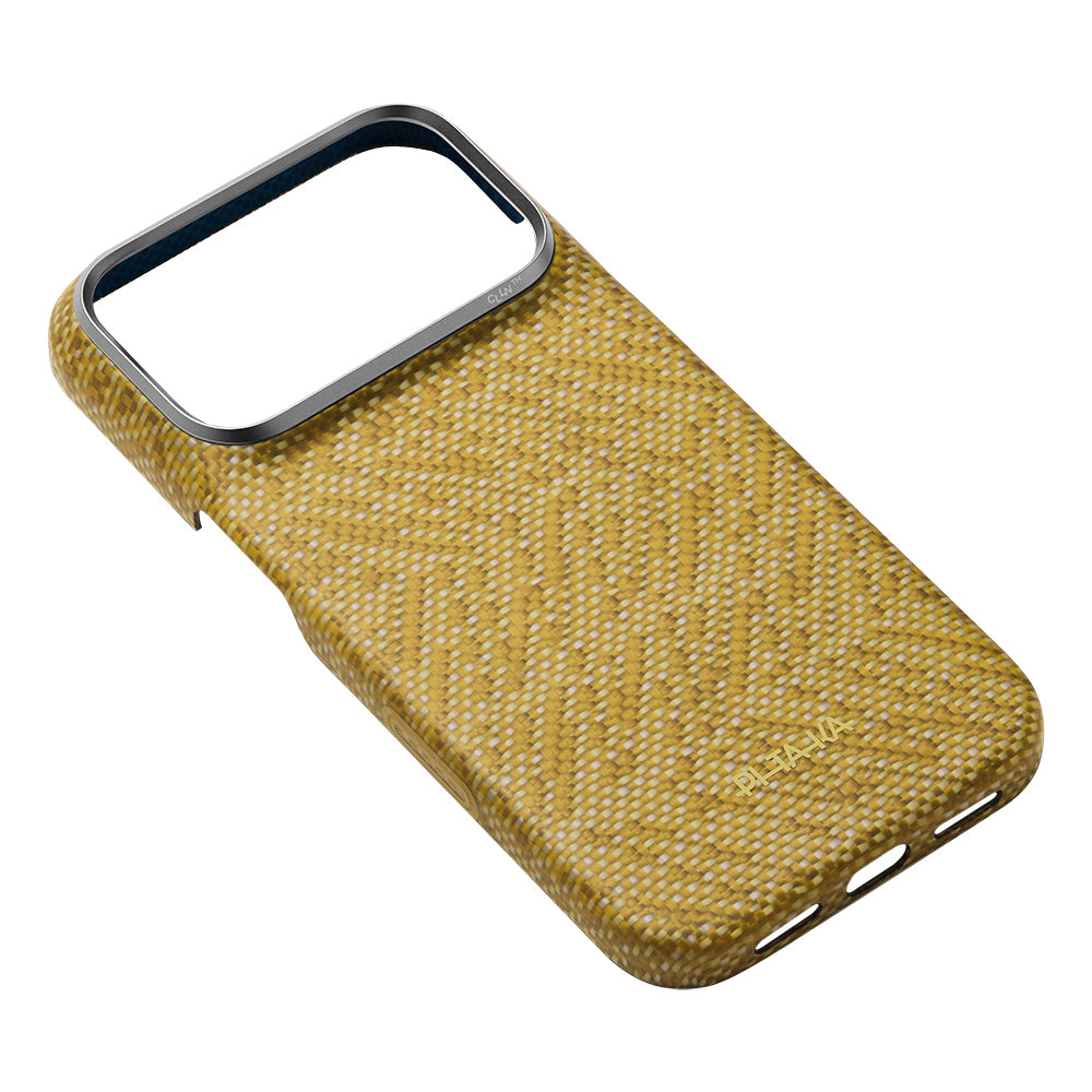 Apple iPhone 18 Pro Max Kılıf M-safe Şarj Özellikli Aramid Karbon Fiber Pitaka Wind Over Wheat Serisi Kapak Gold