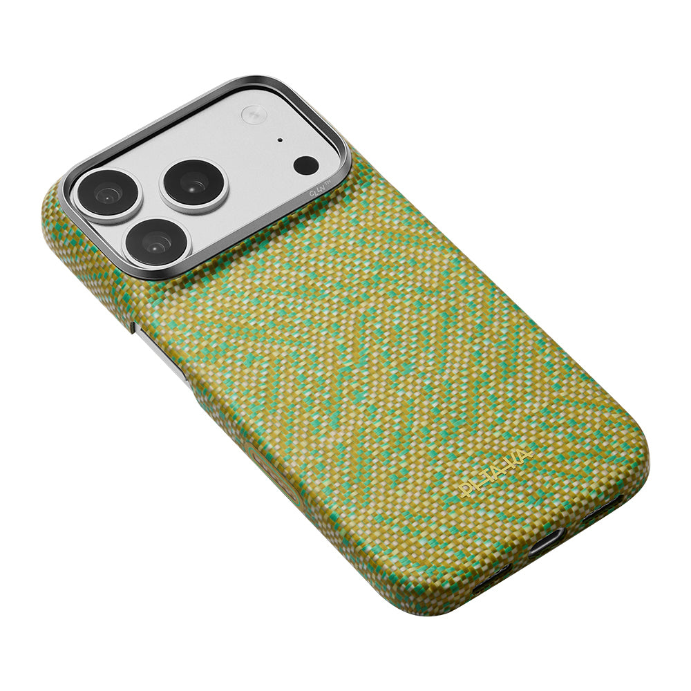 Apple iPhone 18 Pro Max Kılıf M-safe Şarj Özellikli Aramid Karbon Fiber Pitaka Wind Over Wheat Serisi Kapak Sarı-Yeşil