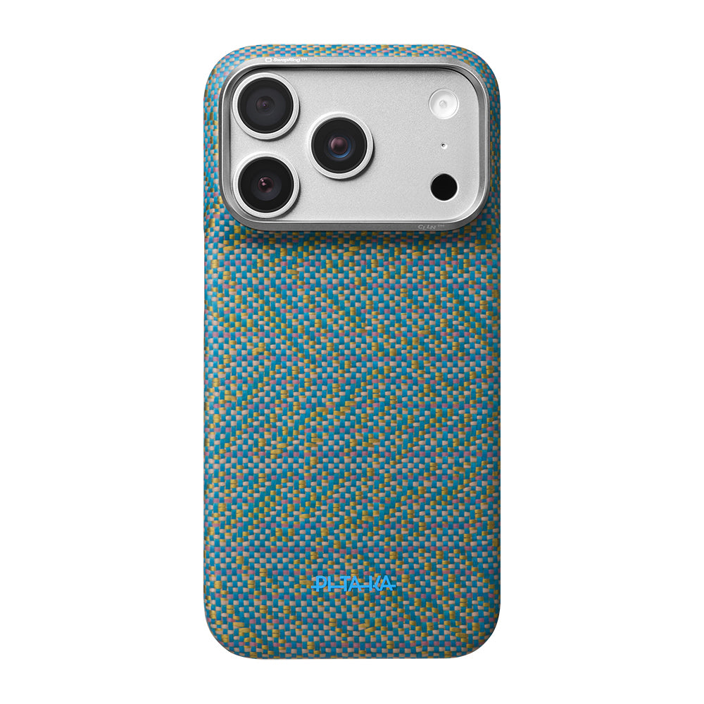 Apple iPhone 18 Pro Max Kılıf M-safe Şarj Özellikli Aramid Karbon Fiber Pitaka Wind Over Wheat Serisi Kapak Mavi