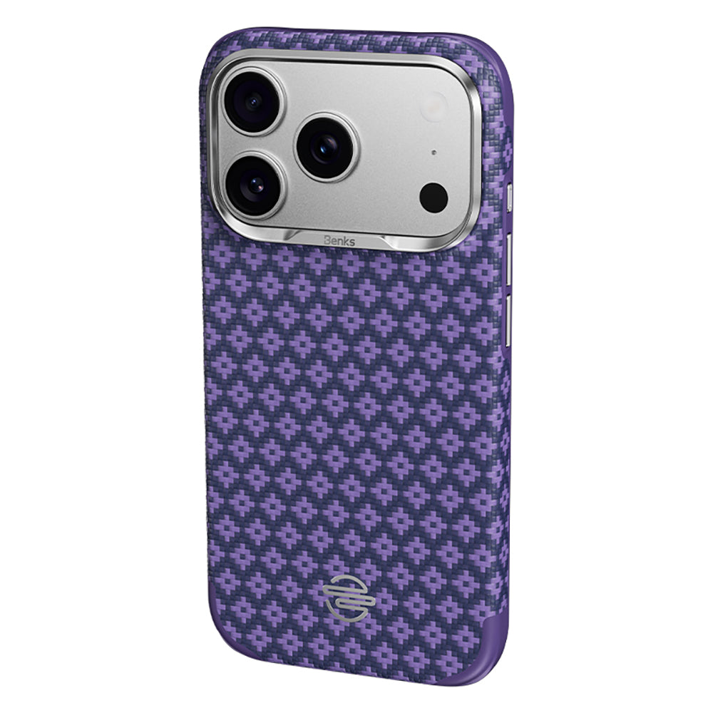 Apple iPhone 18 Pro Max Kılıf M-Safe Şarj Özellikli Benks ArmorPro ArmorEdge X9 Serisi Kevlar Karbon Kapak Mor
