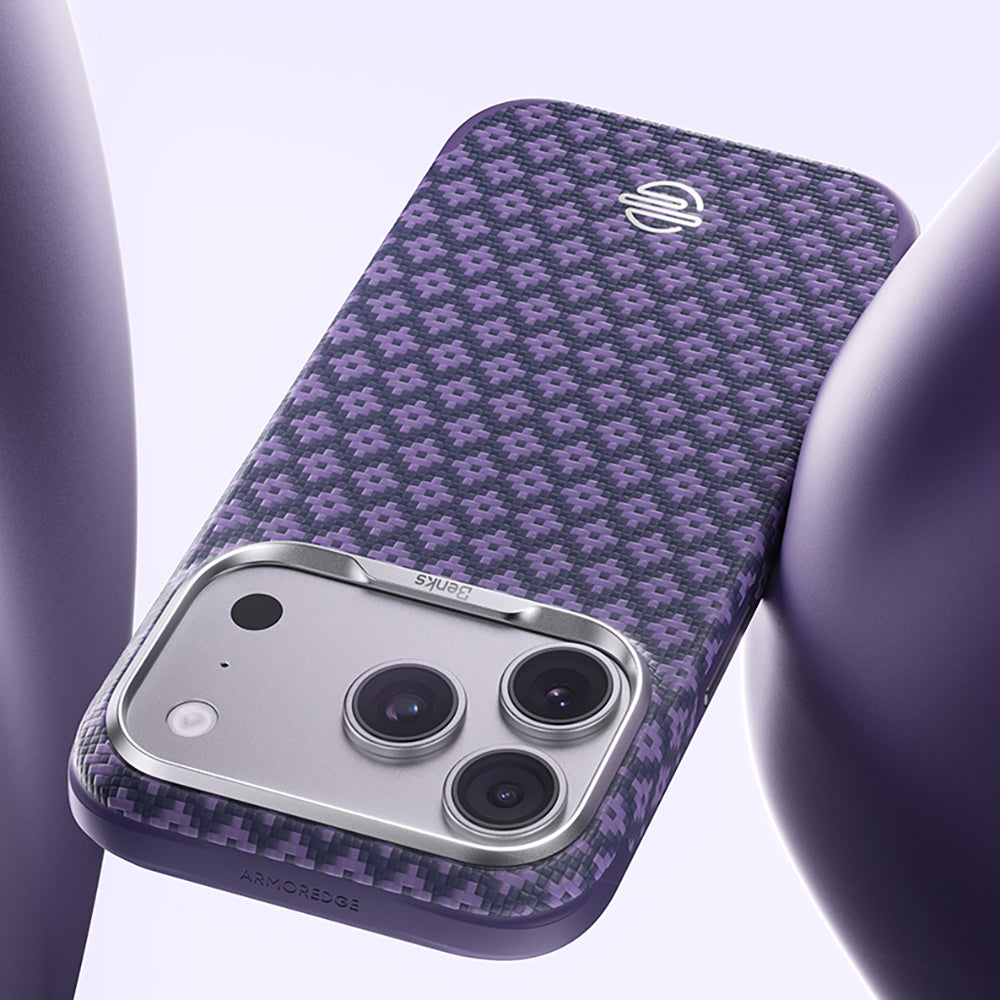 Apple iPhone 18 Pro Max Kılıf M-Safe Şarj Özellikli Benks ArmorPro ArmorEdge X9 Serisi Kevlar Karbon Kapak Mor