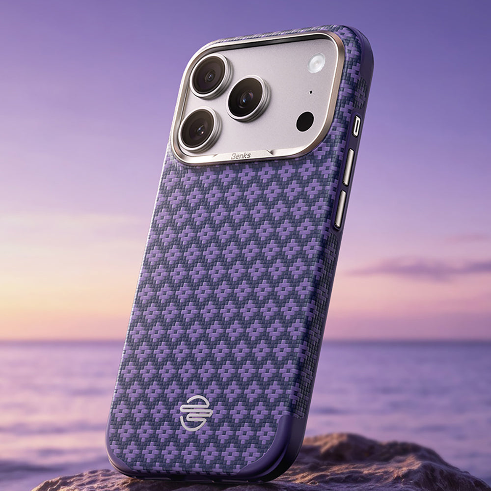 Apple iPhone 18 Pro Max Kılıf M-Safe Şarj Özellikli Benks ArmorPro ArmorEdge X9 Serisi Kevlar Karbon Kapak Mor
