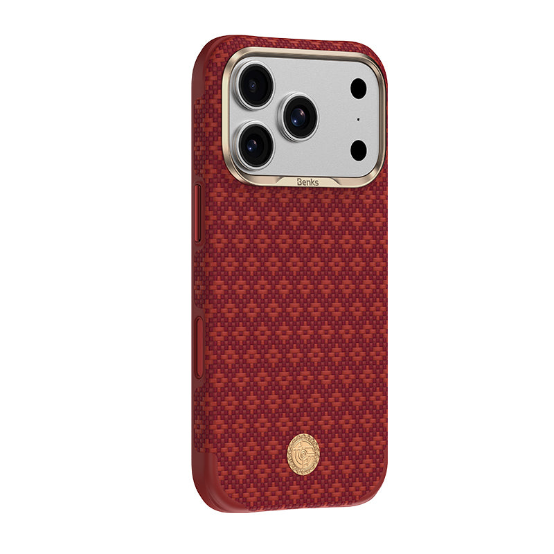 Apple iPhone 18 Pro Max Kılıf M-Safe Şarj Özellikli Benks ArmorPro ArmorEdge X9 Serisi Kevlar Karbon Kapak Kırmızı