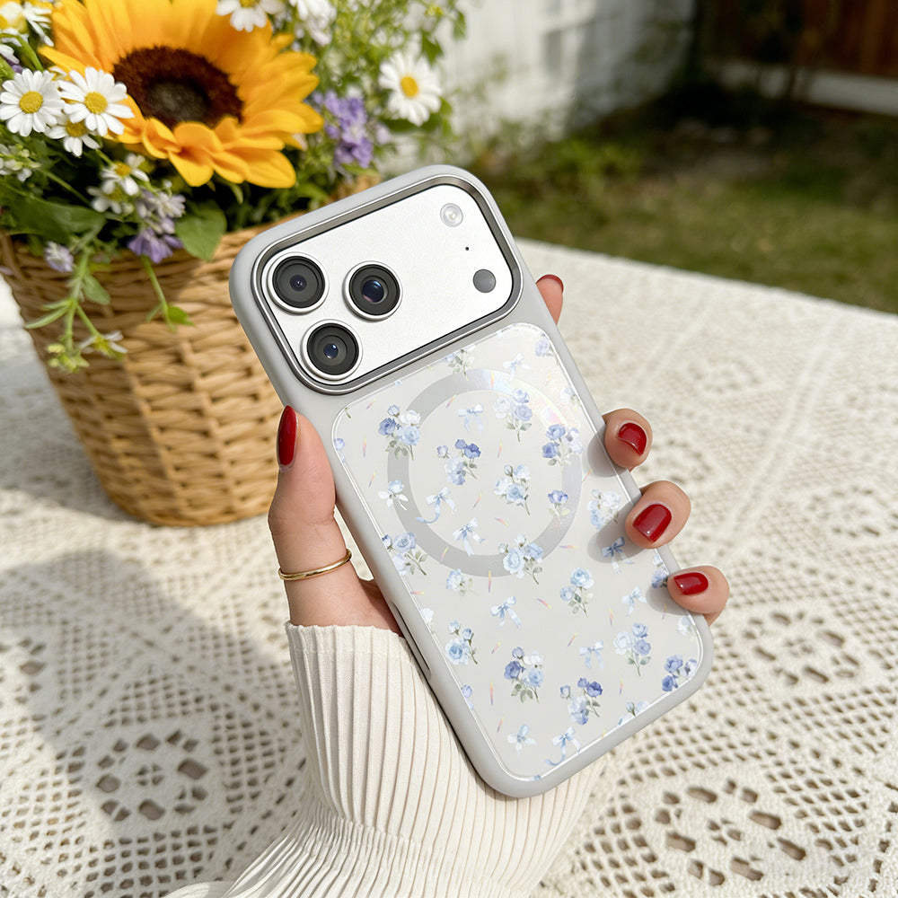 Apple iPhone 18 Pro Max Kılıf M-safe Şarj Özellikli Çiçek Tasarımlı Mutural Flower Serisi Kapak Beyaz
