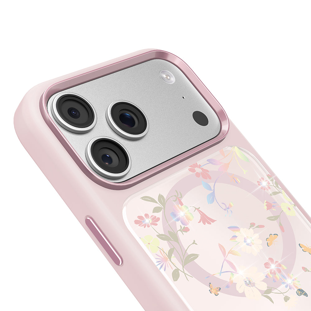 Apple iPhone 18 Pro Max Kılıf M-safe Şarj Özellikli Çiçek Tasarımlı Mutural Flower Serisi Kapak Pembe