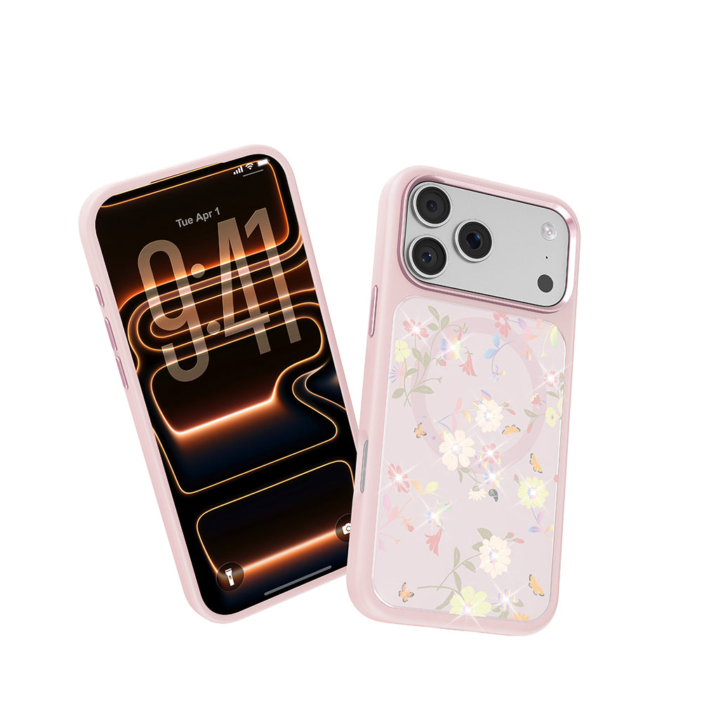 Apple iPhone 18 Pro Max Kılıf M-safe Şarj Özellikli Çiçek Tasarımlı Mutural Flower Serisi Kapak Pembe
