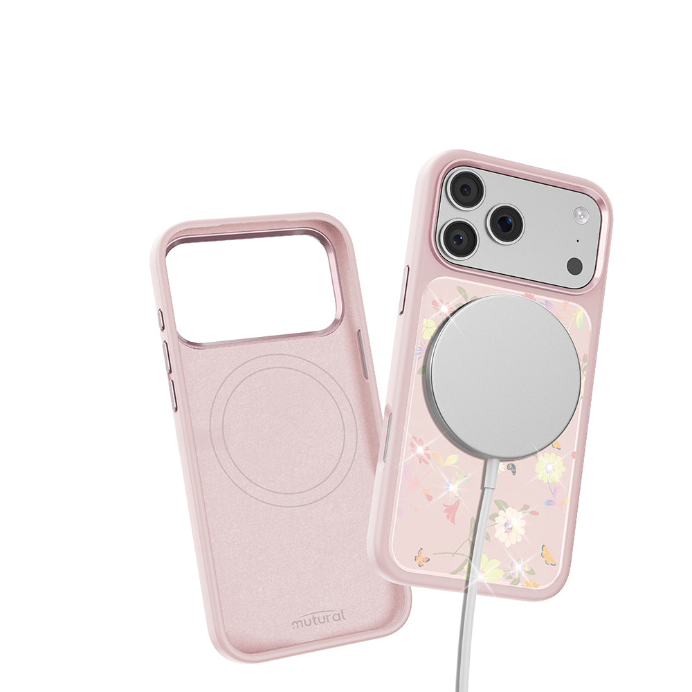 Apple iPhone 18 Pro Max Kılıf M-safe Şarj Özellikli Çiçek Tasarımlı Mutural Flower Serisi Kapak Pembe
