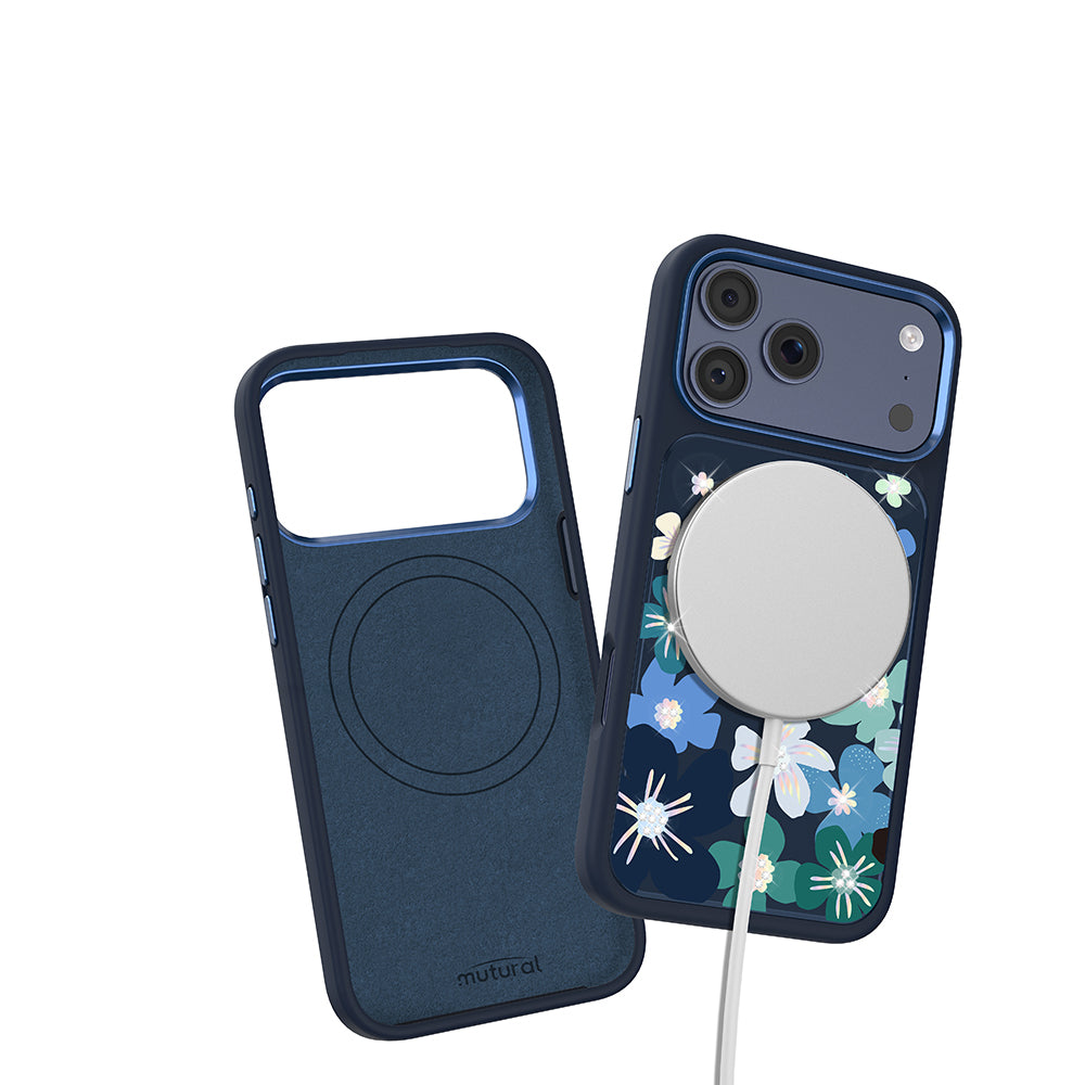 Apple iPhone 18 Pro Max Kılıf M-safe Şarj Özellikli Çiçek Tasarımlı Mutural Flower Serisi Kapak Lacivert