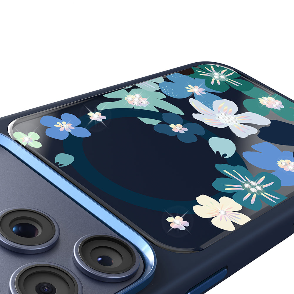 Apple iPhone 18 Pro Max Kılıf M-safe Şarj Özellikli Çiçek Tasarımlı Mutural Flower Serisi Kapak Lacivert