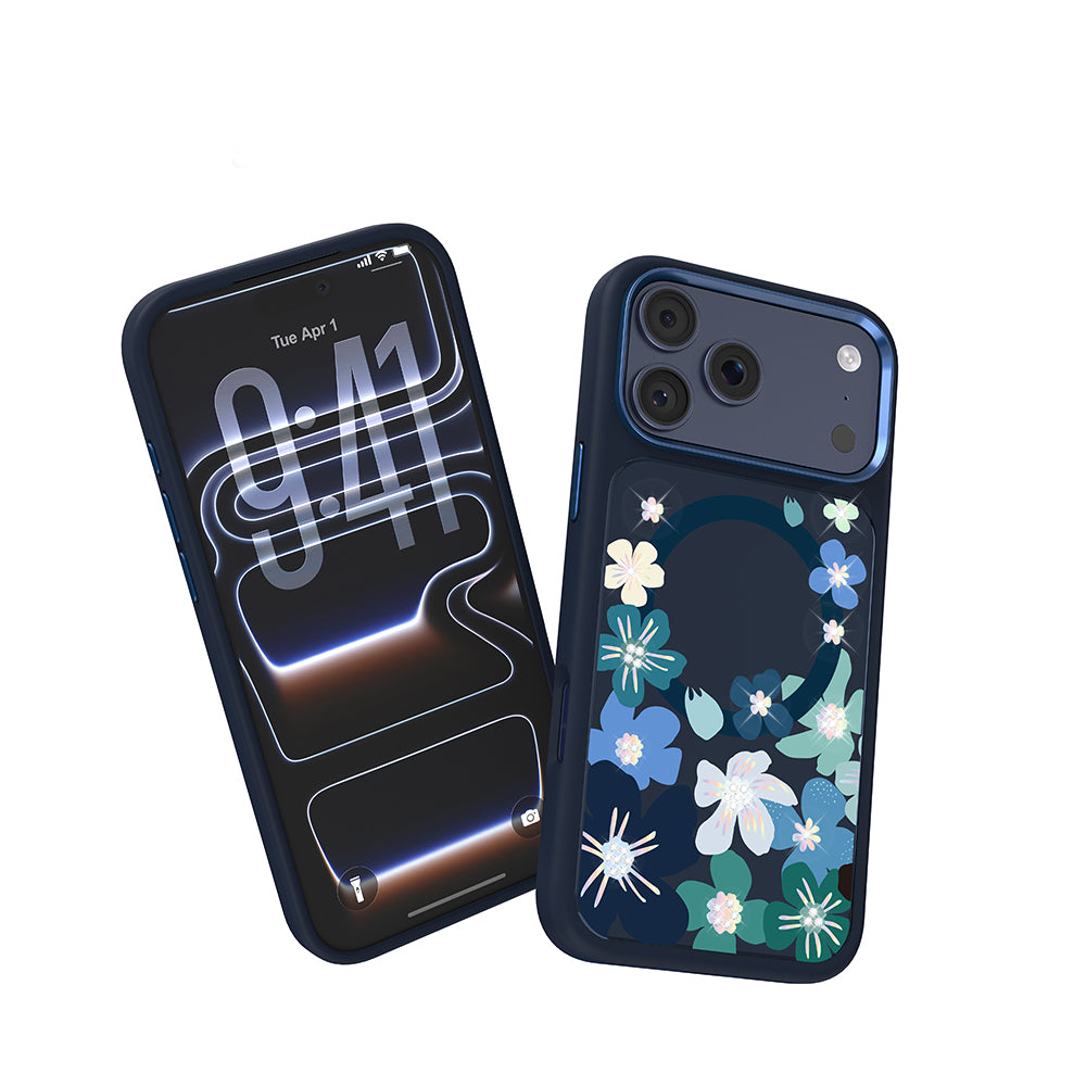Apple iPhone 18 Pro Max Kılıf M-safe Şarj Özellikli Çiçek Tasarımlı Mutural Flower Serisi Kapak Lacivert