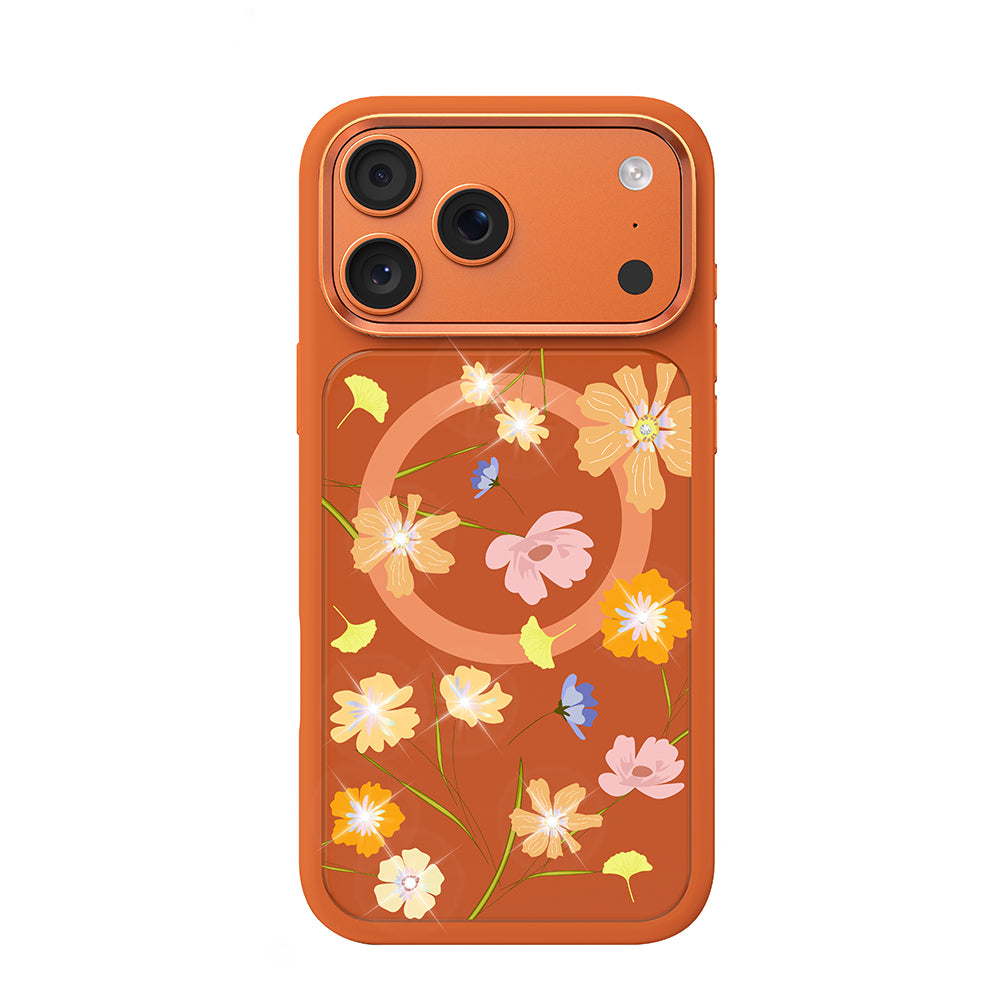 Apple iPhone 18 Pro Max Kılıf M-safe Şarj Özellikli Çiçek Tasarımlı Mutural Flower Serisi Kapak Turuncu