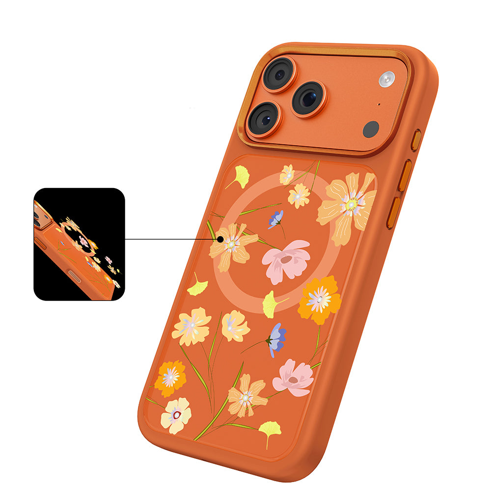 Apple iPhone 18 Pro Max Kılıf M-safe Şarj Özellikli Çiçek Tasarımlı Mutural Flower Serisi Kapak Turuncu