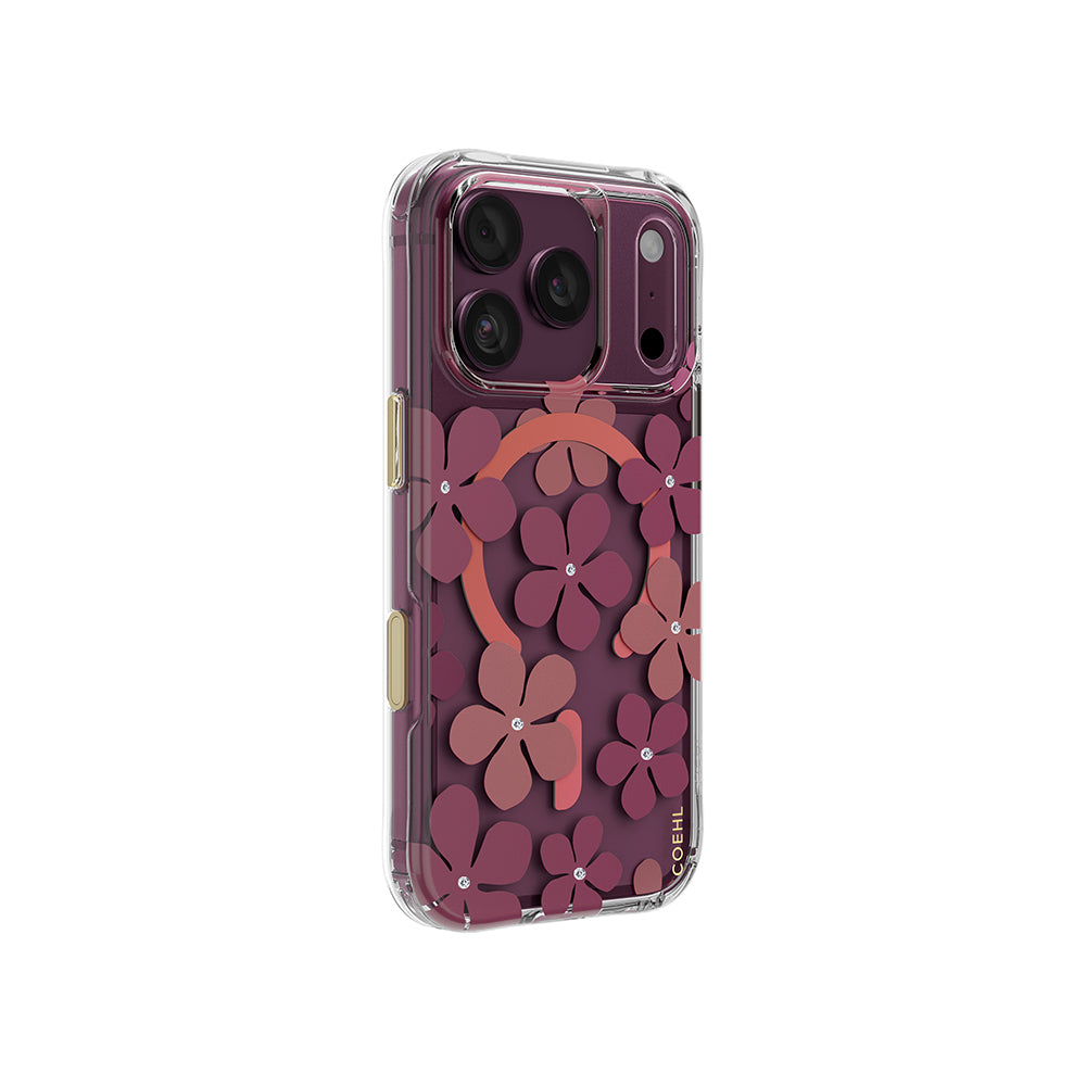 Apple iPhone 18 Pro Max Kılıf M-safe Şarj Özellikli Çiçekli Tasarım Coehl Mila Serisi Kapak Bordo