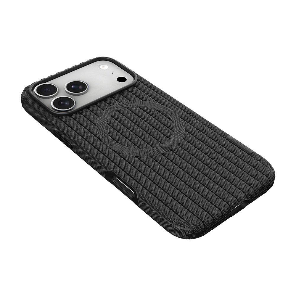 Apple iPhone 18 Pro Max Kılıf M-Safe Şarj Özellikli Çizgi Desenli Kumaş Dokulu Zore Paris Lorin Kapak Siyah
