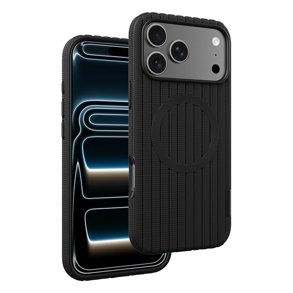 Apple iPhone 18 Pro Max Kılıf M-Safe Şarj Özellikli Çizgi Desenli Kumaş Dokulu Zore Paris Lorin Kapak Siyah
