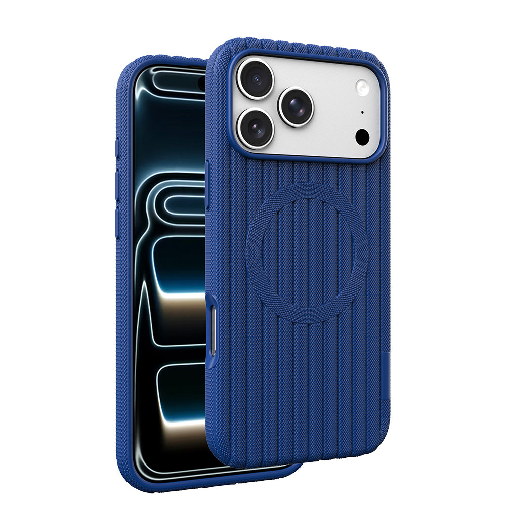 Apple iPhone 18 Pro Max Kılıf M-Safe Şarj Özellikli Çizgi Desenli Kumaş Dokulu Zore Paris Lorin Kapak Lacivert