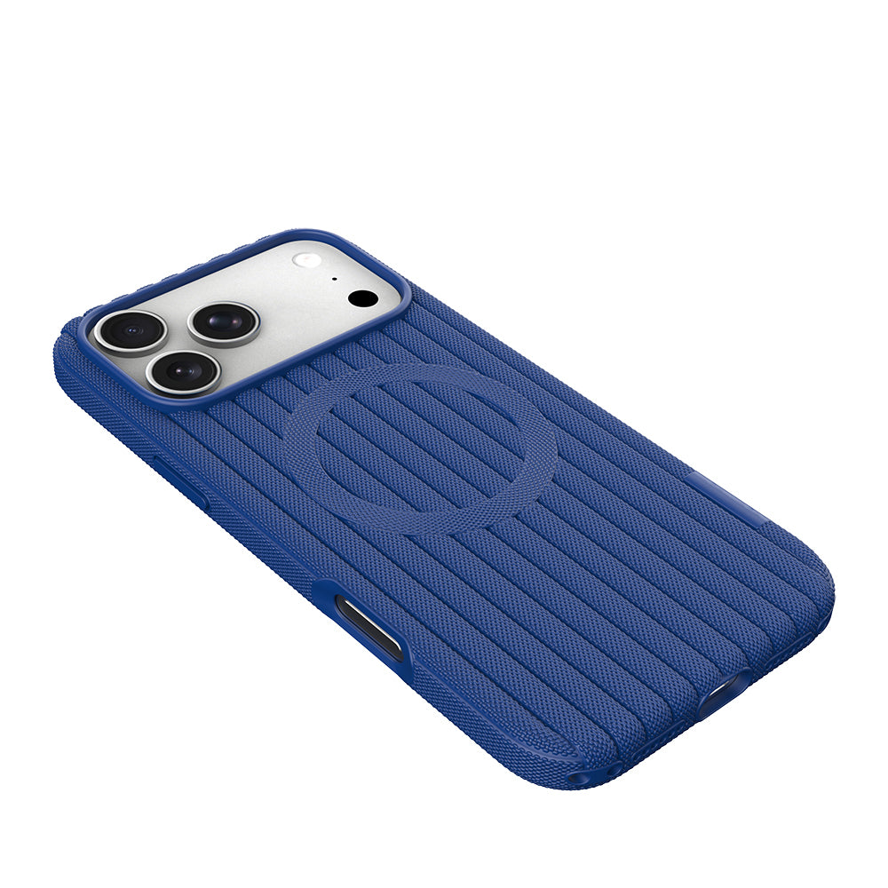 Apple iPhone 18 Pro Max Kılıf M-Safe Şarj Özellikli Çizgi Desenli Kumaş Dokulu Zore Paris Lorin Kapak Lacivert