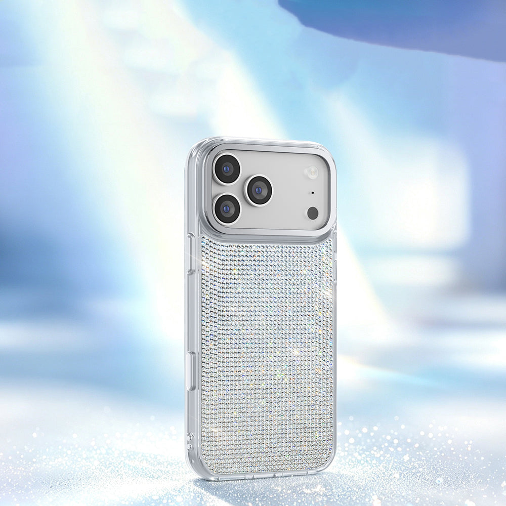 Apple iPhone 18 Pro Max Kılıf M-Safe Şarj Özellikli El İşlemeli Swarovski Taşlı Zore Paris Riva Sert PC Kapak Gümüş