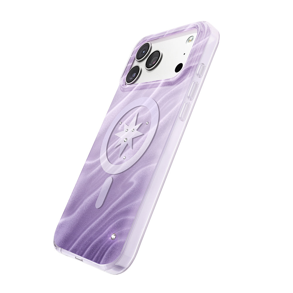 Apple iPhone 18 Pro Max Kılıf M-Safe Şarj Özellikli Orjinal Swarovski Taşlı Zore Paris Rovix Sert PC Kapak Açık Mor