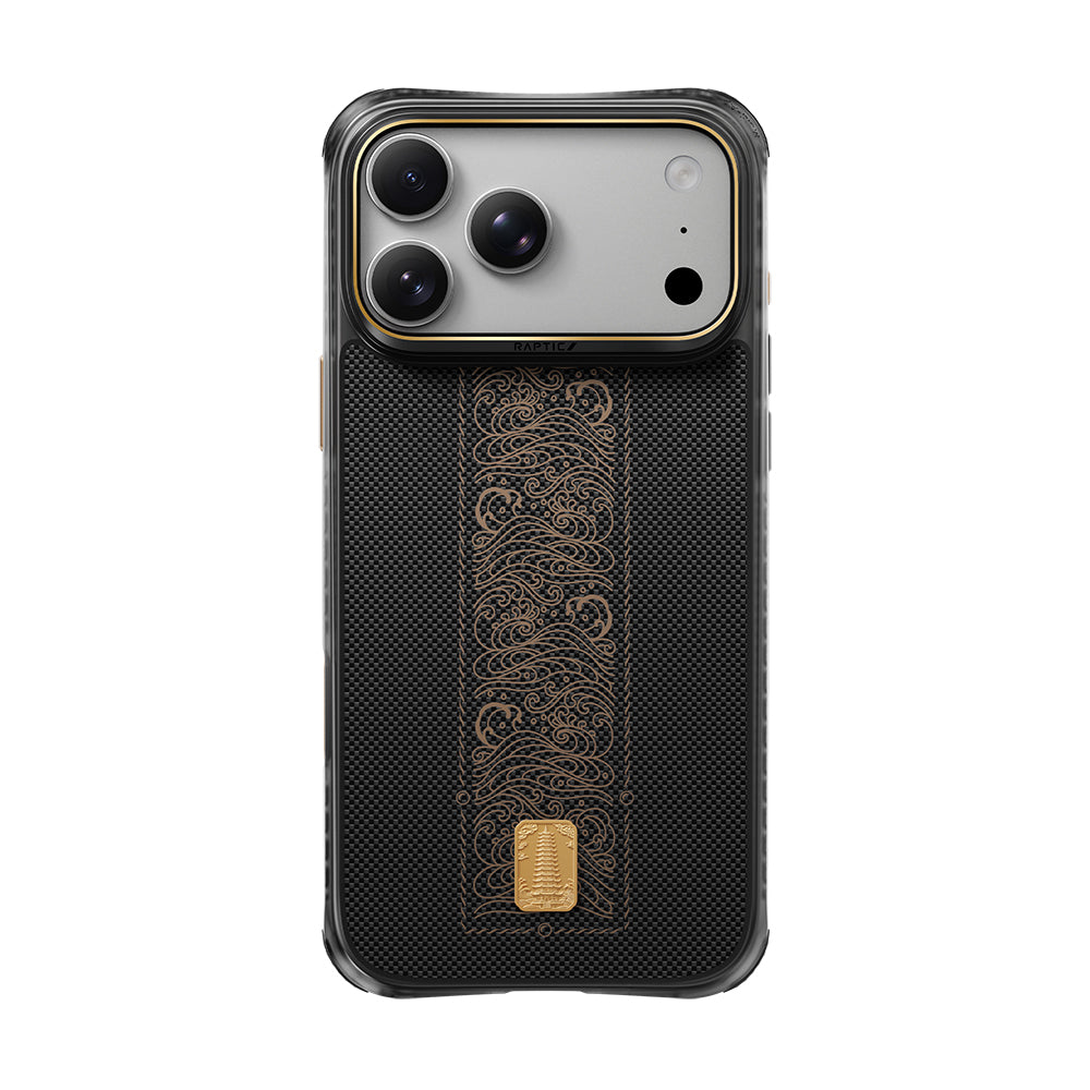 Apple iPhone 18 Pro Max Kılıf M-safe Şarj Özellikli Raptic Aramid Dual Rise Serisi 24 Ayar Altın Kaplamalı Karbon Kapak Siyah
