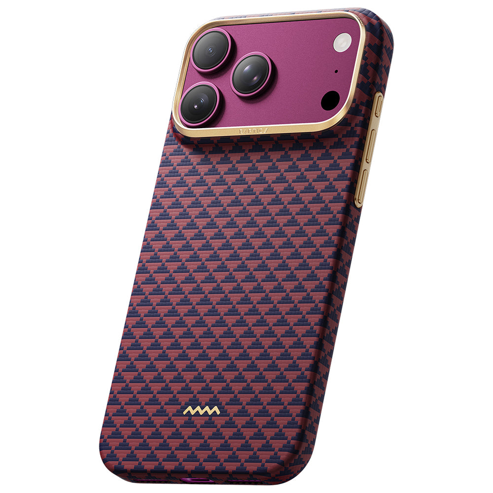 Apple iPhone 18 Pro Max Kılıf M-safe Şarj Özellikli Raptic Aramid Skin Origin Serisi Karbon Kapak Bordo