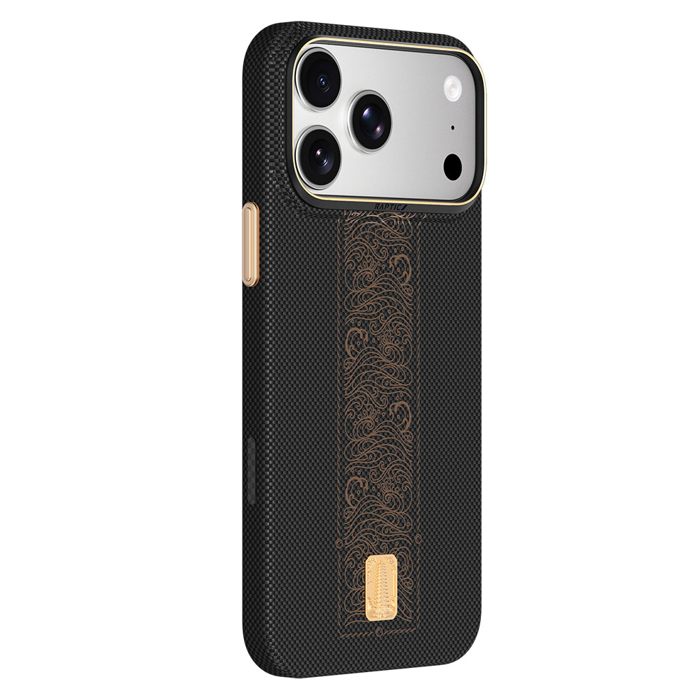 Apple iPhone 18 Pro Max Kılıf M-safe Şarj Özellikli Raptic Aramid Skin Rise Serisi 24 Ayar Altın Kaplamalı Karbon Kapak Siyah