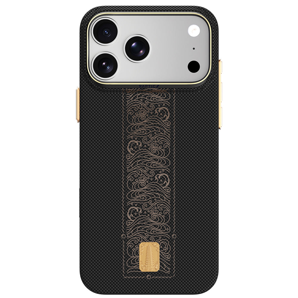 Apple iPhone 18 Pro Max Kılıf M-safe Şarj Özellikli Raptic Aramid Skin Rise Serisi 24 Ayar Altın Kaplamalı Karbon Kapak Siyah
