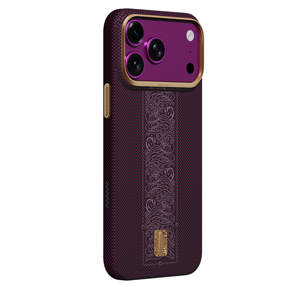 Apple iPhone 18 Pro Max Kılıf M-safe Şarj Özellikli Raptic Aramid Skin Rise Serisi 24 Ayar Altın Kaplamalı Karbon Kapak Mor