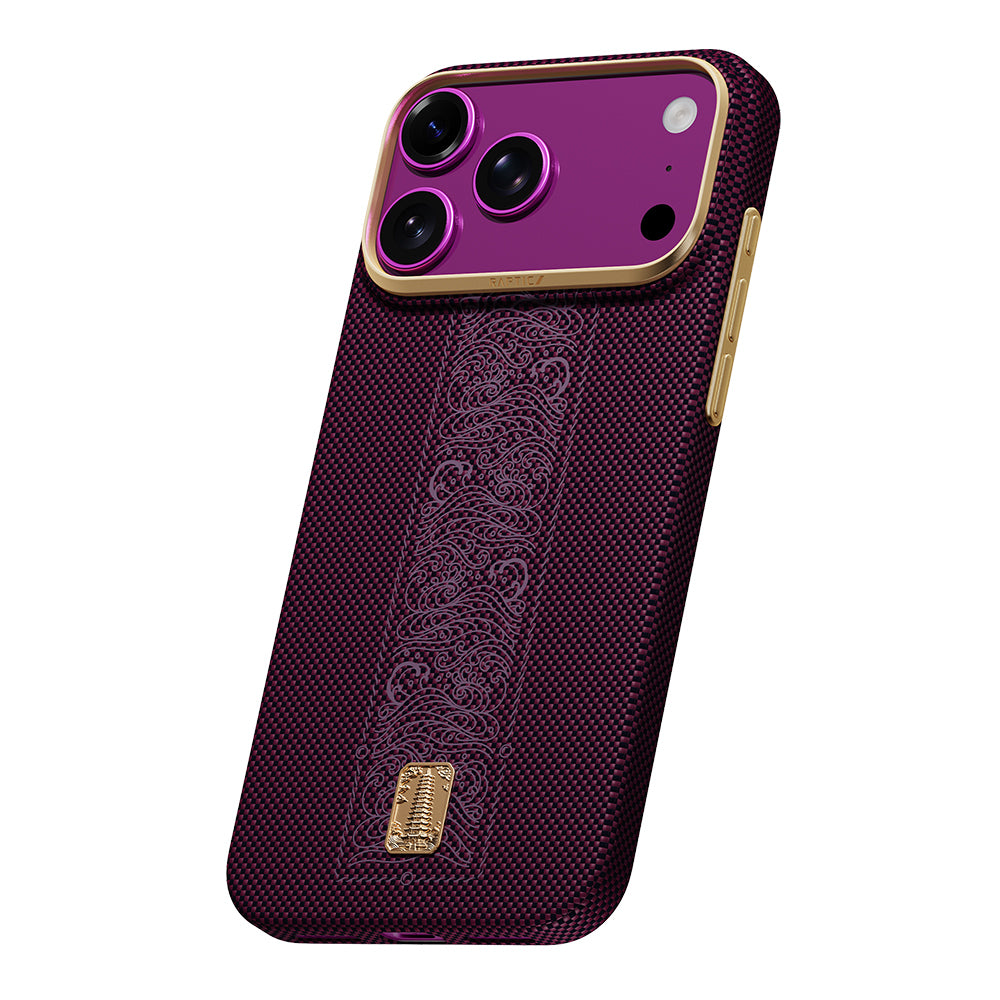 Apple iPhone 18 Pro Max Kılıf M-safe Şarj Özellikli Raptic Aramid Skin Rise Serisi 24 Ayar Altın Kaplamalı Karbon Kapak Mor