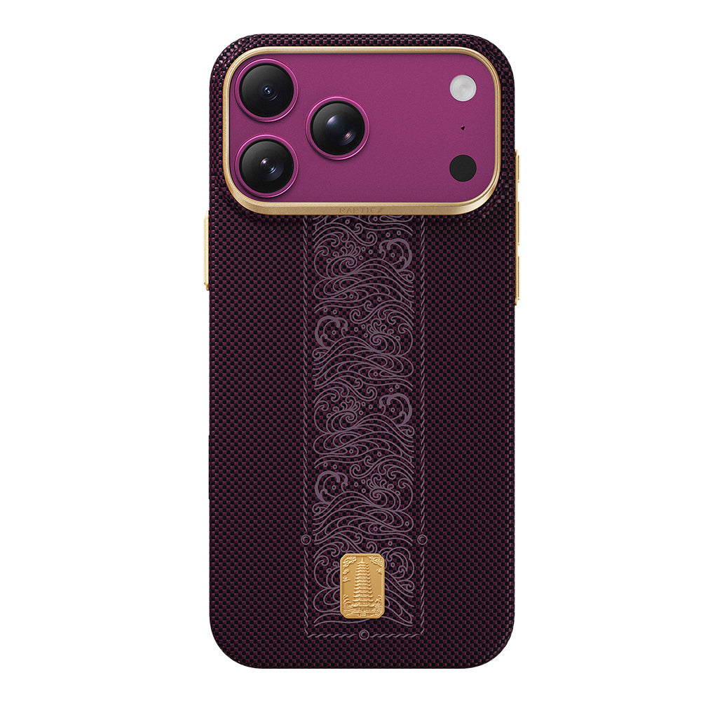 Apple iPhone 18 Pro Max Kılıf M-safe Şarj Özellikli Raptic Aramid Skin Rise Serisi 24 Ayar Altın Kaplamalı Karbon Kapak Mor