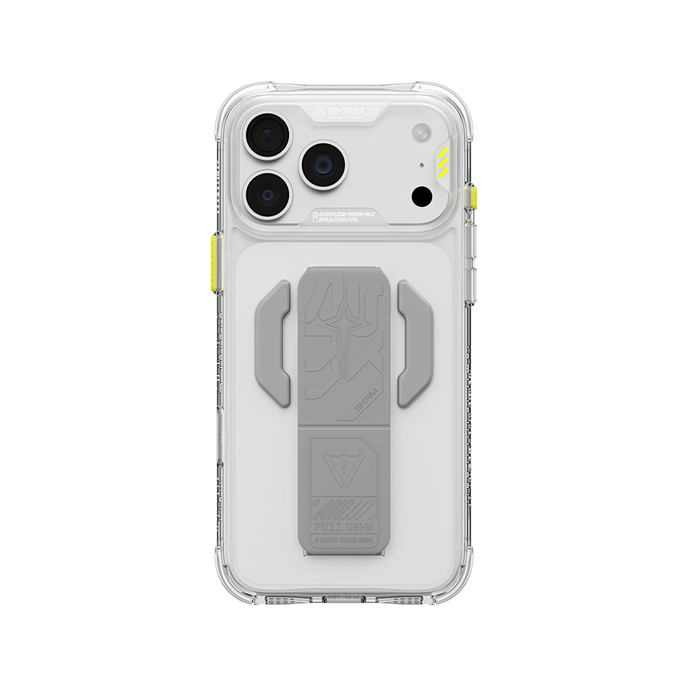 Apple iPhone 18 Pro Max Kılıf M-safe Şarj Özellikli Teknoloji Desenli Skinarma Helio CE Mag Charge Standlı Kapak Şeffaf
