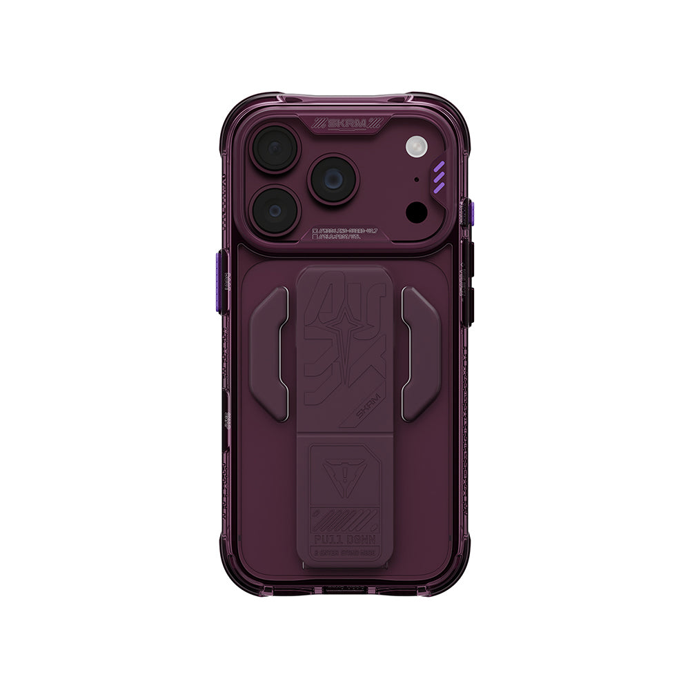 Apple iPhone 18 Pro Max Kılıf M-safe Şarj Özellikli Teknoloji Desenli Skinarma Helio CE Mag Charge Standlı Kapak Bordo