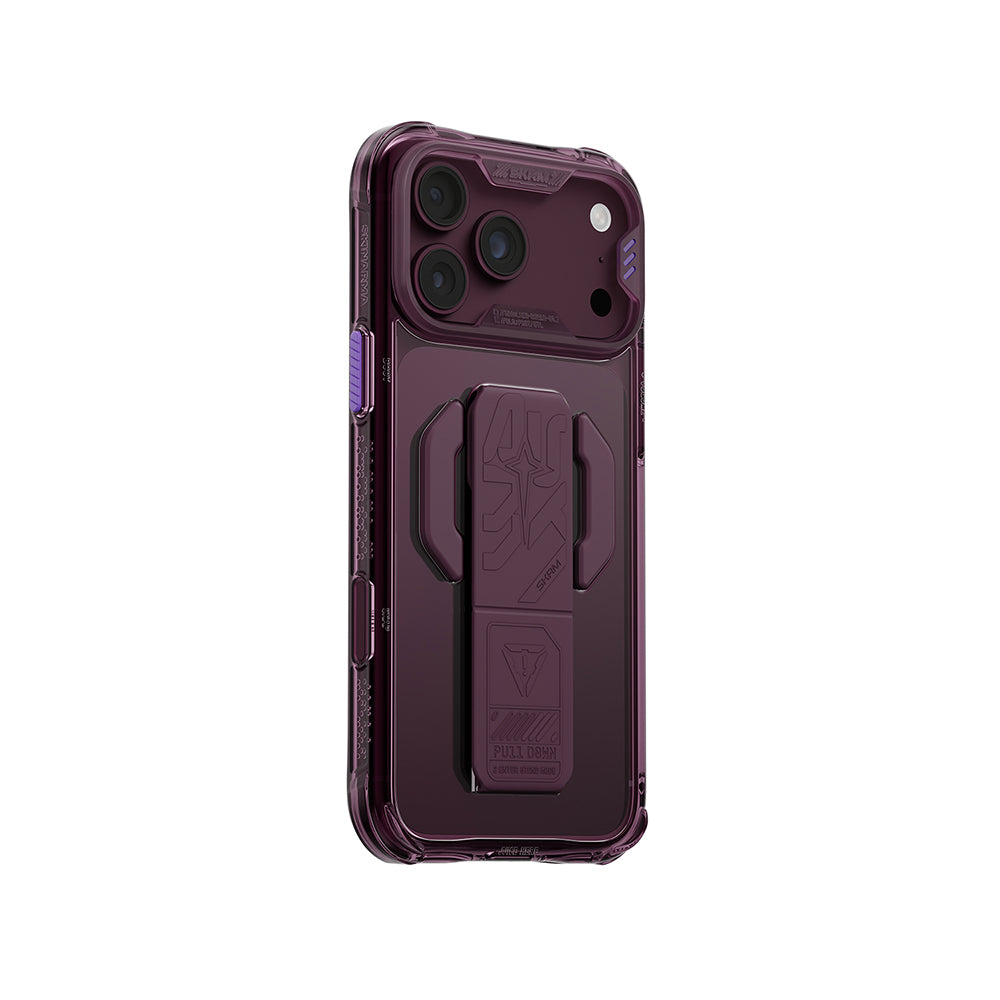 Apple iPhone 18 Pro Max Kılıf M-safe Şarj Özellikli Teknoloji Desenli Skinarma Helio CE Mag Charge Standlı Kapak Bordo