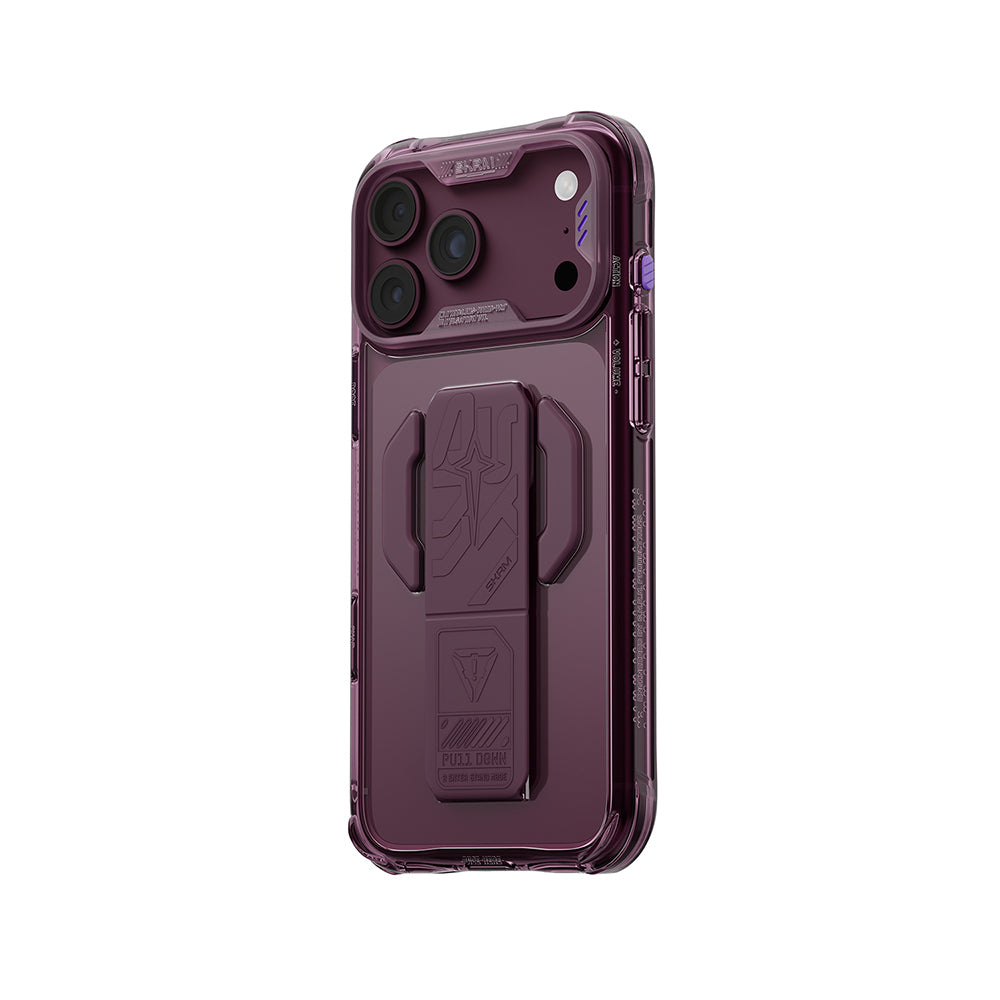 Apple iPhone 18 Pro Max Kılıf M-safe Şarj Özellikli Teknoloji Desenli Skinarma Helio CE Mag Charge Standlı Kapak Bordo