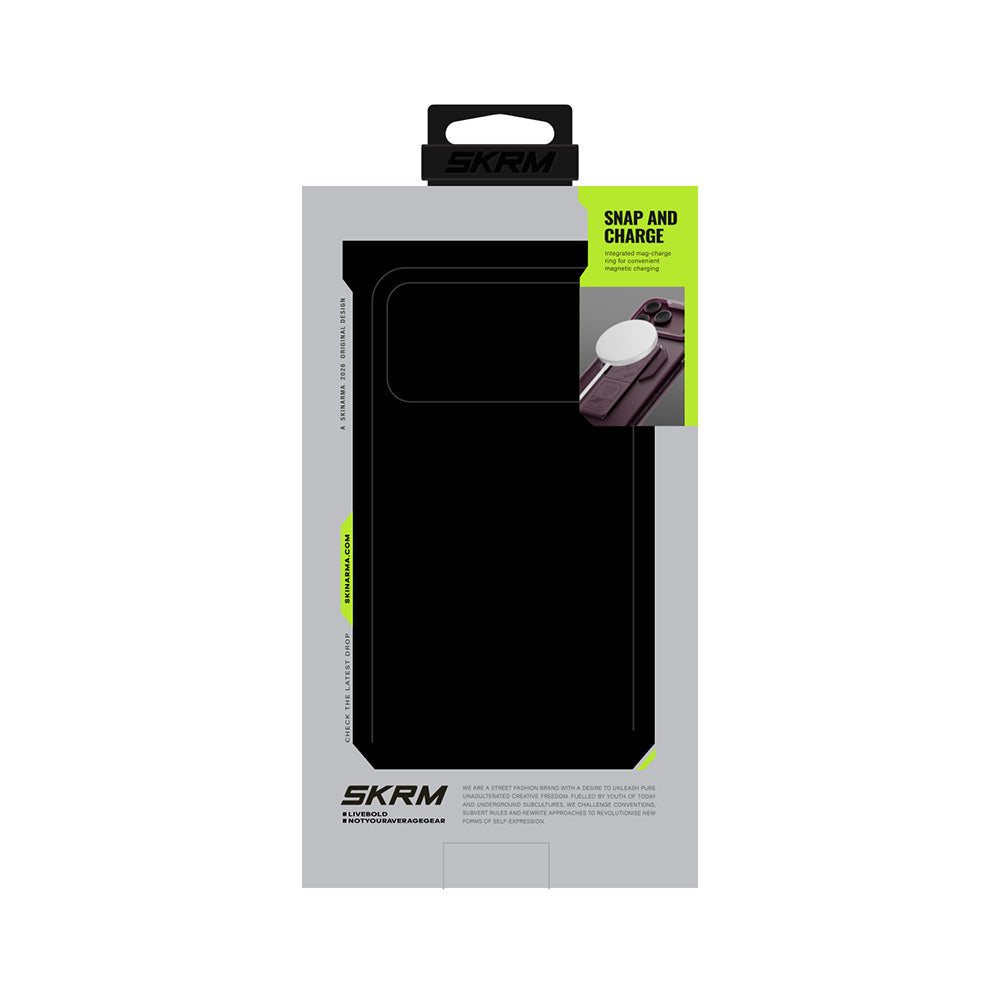 Apple iPhone 18 Pro Max Kılıf M-safe Şarj Özellikli Teknoloji Desenli Skinarma Helio CE Mag Charge Standlı Kapak Bordo