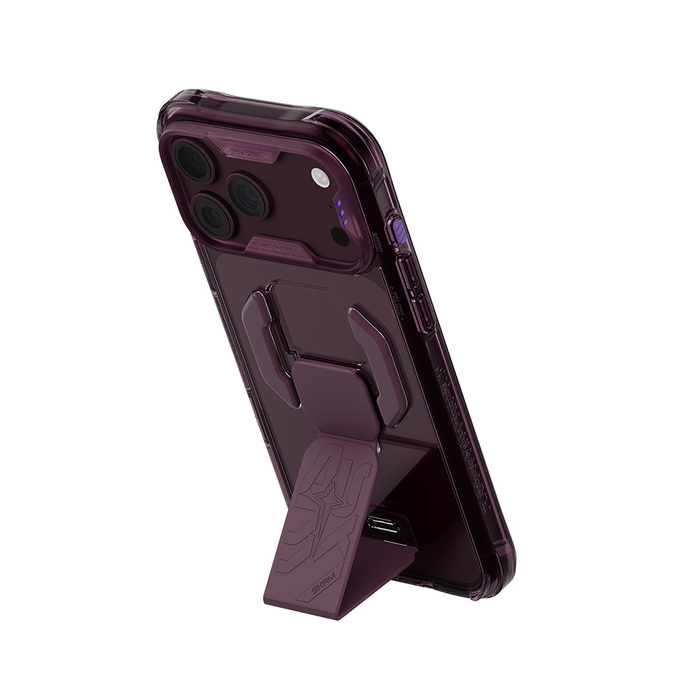 Apple iPhone 18 Pro Max Kılıf M-safe Şarj Özellikli Teknoloji Desenli Skinarma Helio CE Mag Charge Standlı Kapak Bordo