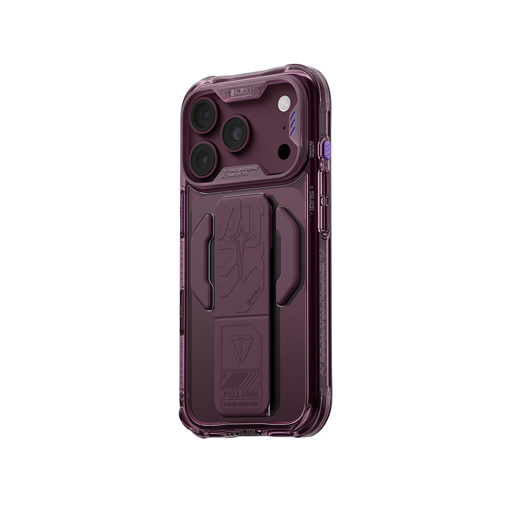 Apple iPhone 18 Pro Max Kılıf M-safe Şarj Özellikli Teknoloji Desenli Skinarma Helio CE Mag Charge Standlı Kapak Bordo