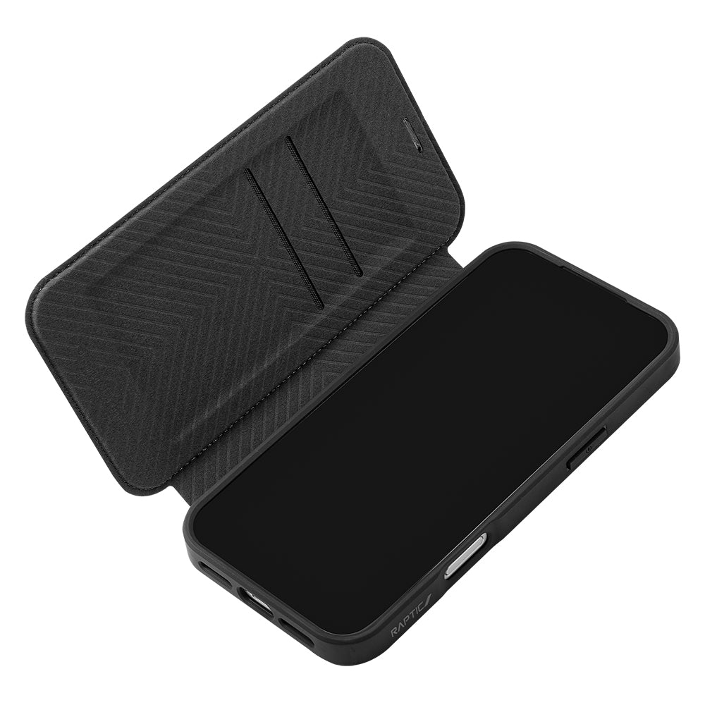 Apple iPhone 18 Pro Max Kılıf M-safe Şarj Özellikli Vegan Deri Tasarımlı Şeffaf Arka Yüzey Kartlıklı Raptic Urban Folio Serisi Kapak Siyah