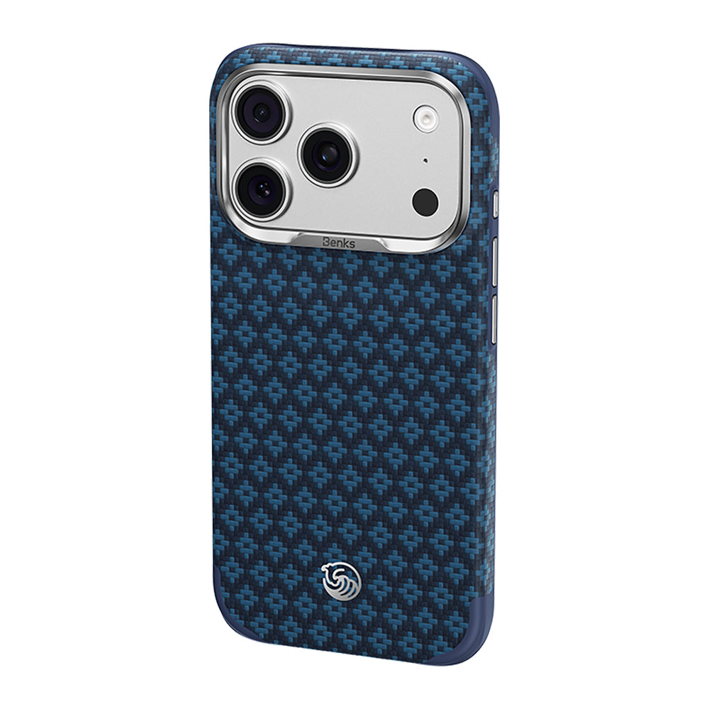 Apple iPhone 18 Pro Max Kılıf M-Safe Şarj Özellikli Yükseltilmiş Kamera Çerçeveli Benks ArmorGrid ArmorEdge X9 Serisi Kevlar Karbon Kapak Lacivert